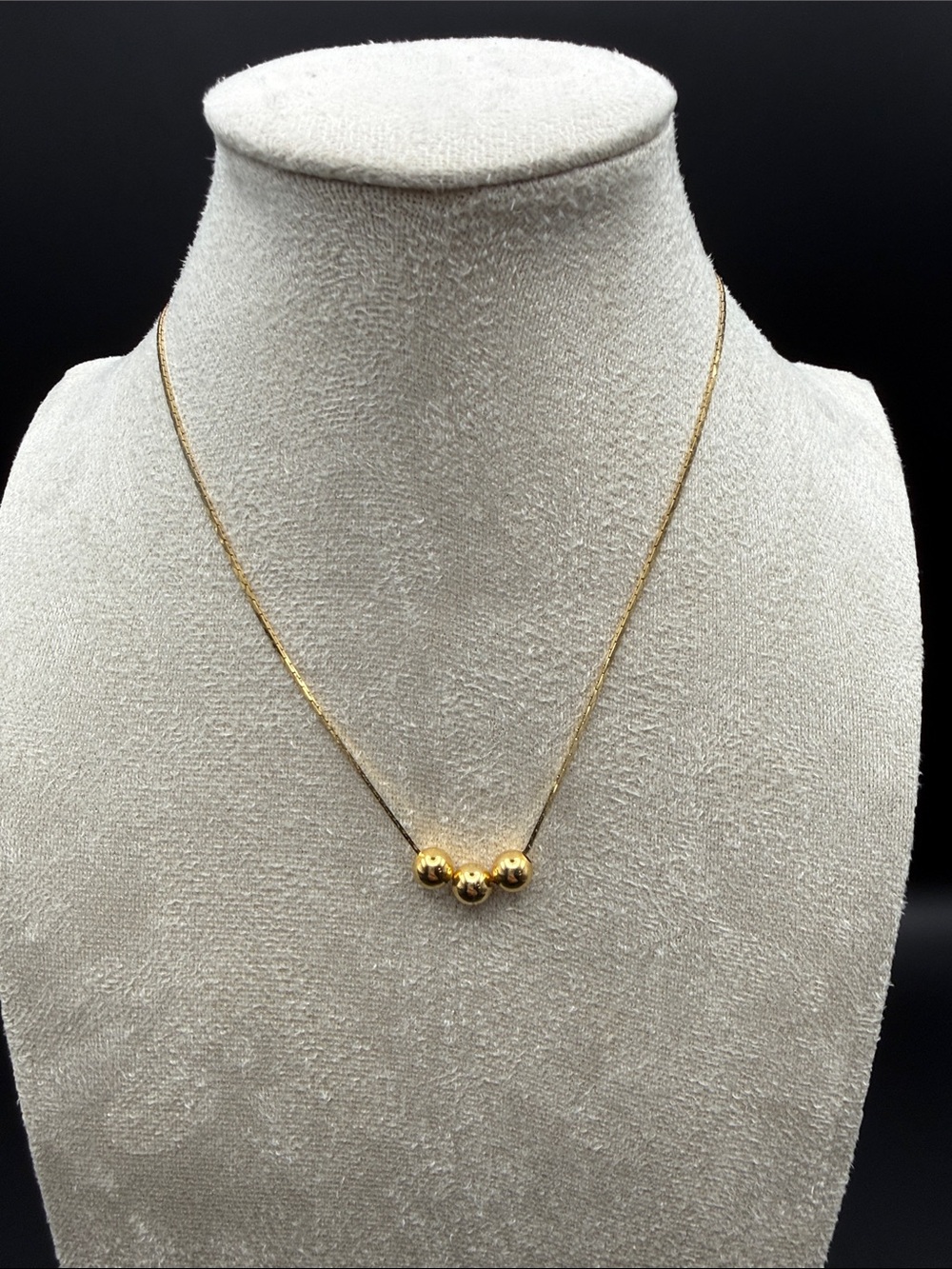 Vintage Gold Tone Triple Ball Bead Necklace Minimalist 17”